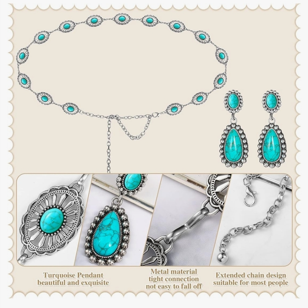 New turquoise 44" concho chain belt and earrings set